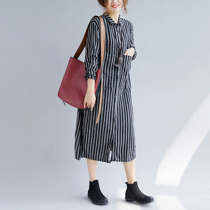Fine Black Striped Natural Cotton Linen Shirt Dress Turn-down Collar Side Open Fine Long Sleeve Pockets Maxi Shirt Dresses