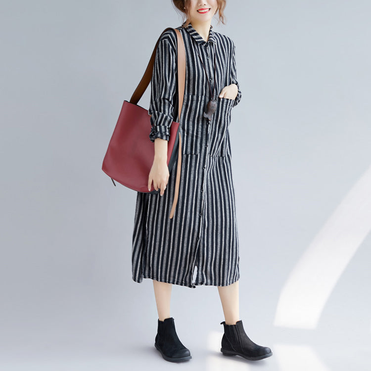 Fine Black Striped Natural Cotton Linen Shirt Dress Turn-down Collar Side Open Fine Long Sleeve Pockets Maxi Shirt Dresses