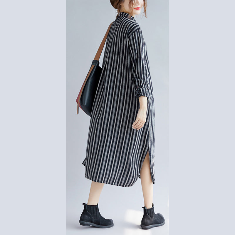 Fine Black Striped Natural Cotton Linen Shirt Dress Turn-down Collar Side Open Fine Long Sleeve Pockets Maxi Shirt Dresses