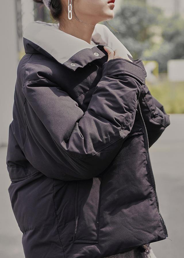 Fine Black Winter Outwear Loose Fitting Jackets Stand Collar Patchwork Outwear