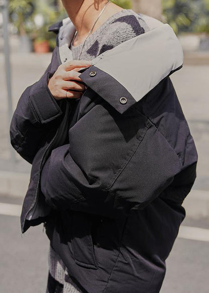 Fine Black Winter Outwear Loose Fitting Jackets Stand Collar Patchwork Outwear