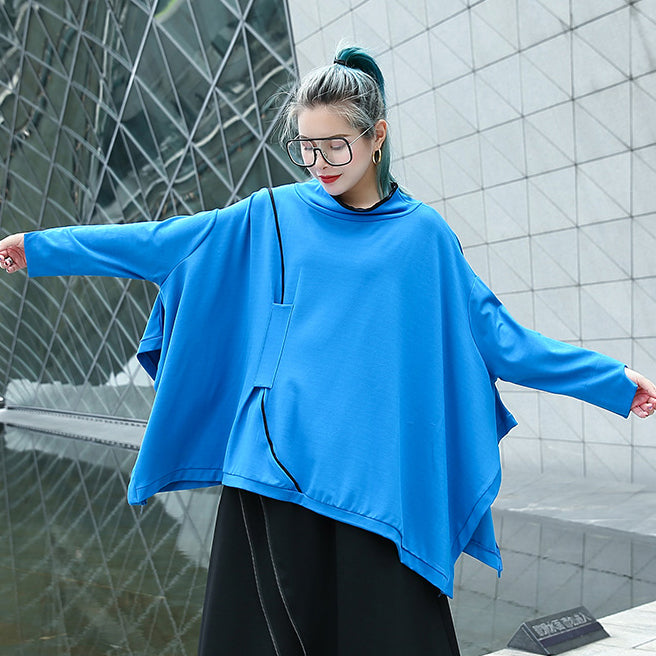 Fine Blue Midi Pullover Stand Collar Tops Batwing Sleeve Asymmetrical Design Clothing Tops