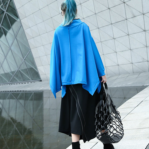 Fine Blue Midi Pullover Stand Collar Tops Batwing Sleeve Asymmetrical Design Clothing Tops