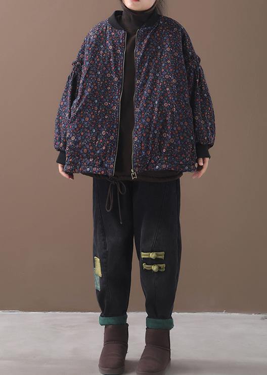 Fine Blue Coats for Loose Fitting Winter Jacket Zippered Outwear Patchwork O Neck