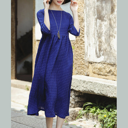 Fine Blue Silk Linen Dress O Neck Baggy Dresses New Half Sleeve Large Hem Silk Linen Dresses