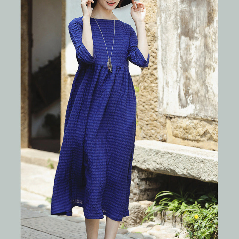 Fine Blue Silk Linen Dress O Neck Baggy Dresses New Half Sleeve Large Hem Silk Linen Dresses
