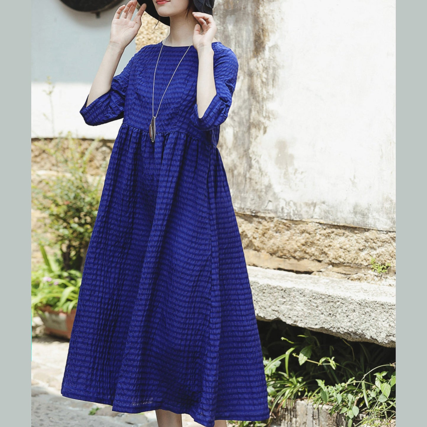 Fine Blue Silk Linen Dress O Neck Baggy Dresses New Half Sleeve Large Hem Silk Linen Dresses
