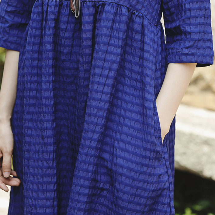 Fine Blue Silk Linen Dress O Neck Baggy Dresses New Half Sleeve Large Hem Silk Linen Dresses