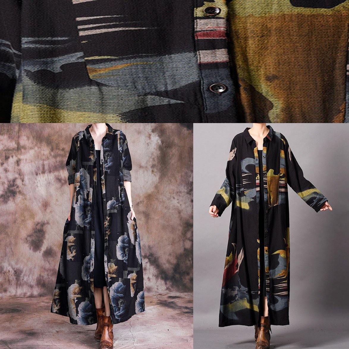 Fine Long Coat Fall Gray Black Print Lapel Button Down Coats