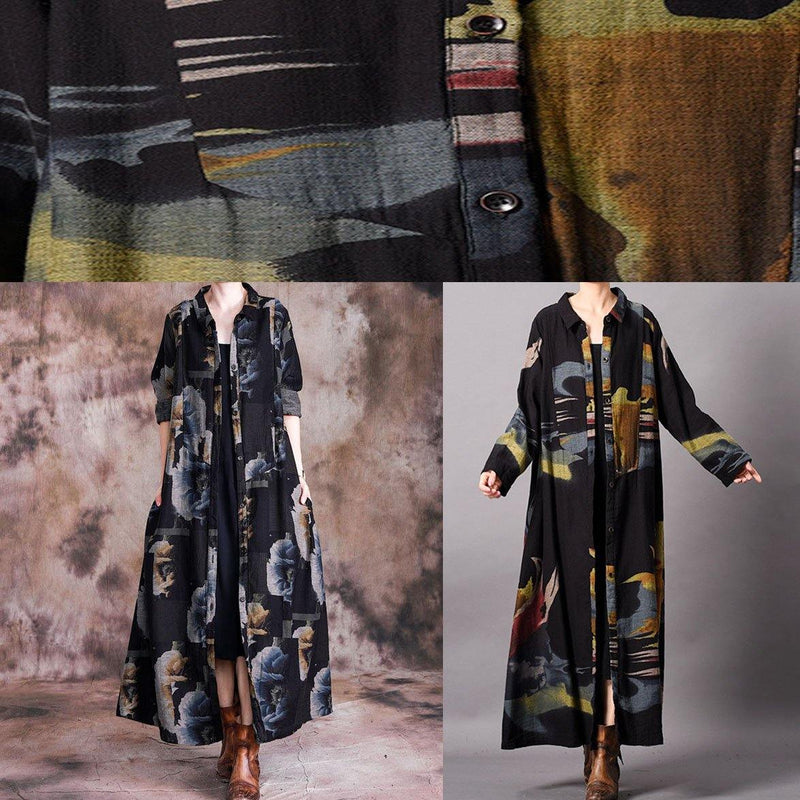 Fine Long Coat Fall Gray Black Print Lapel Button Down Coats