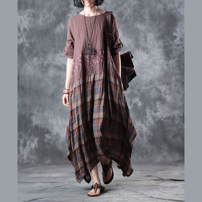 Fine Chocolate Linen Maxi Dress Oversize O Neck Plaid Grid Patchwork Linen Gown Half Sleeve Pockets Caftans