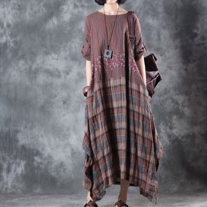 Fine Chocolate Linen Maxi Dress Oversize O Neck Plaid Grid Patchwork Linen Gown Half Sleeve Pockets Caftans