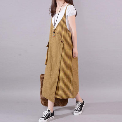 Fine Cotton Blended Summer Dress Stripe Big Pocket Loose Suspender Dress