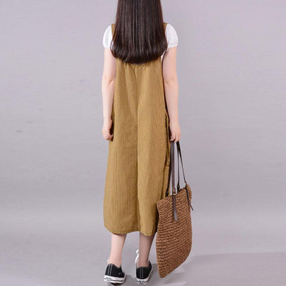 Fine Cotton Blended Summer Dress Stripe Big Pocket Loose Suspender Dress