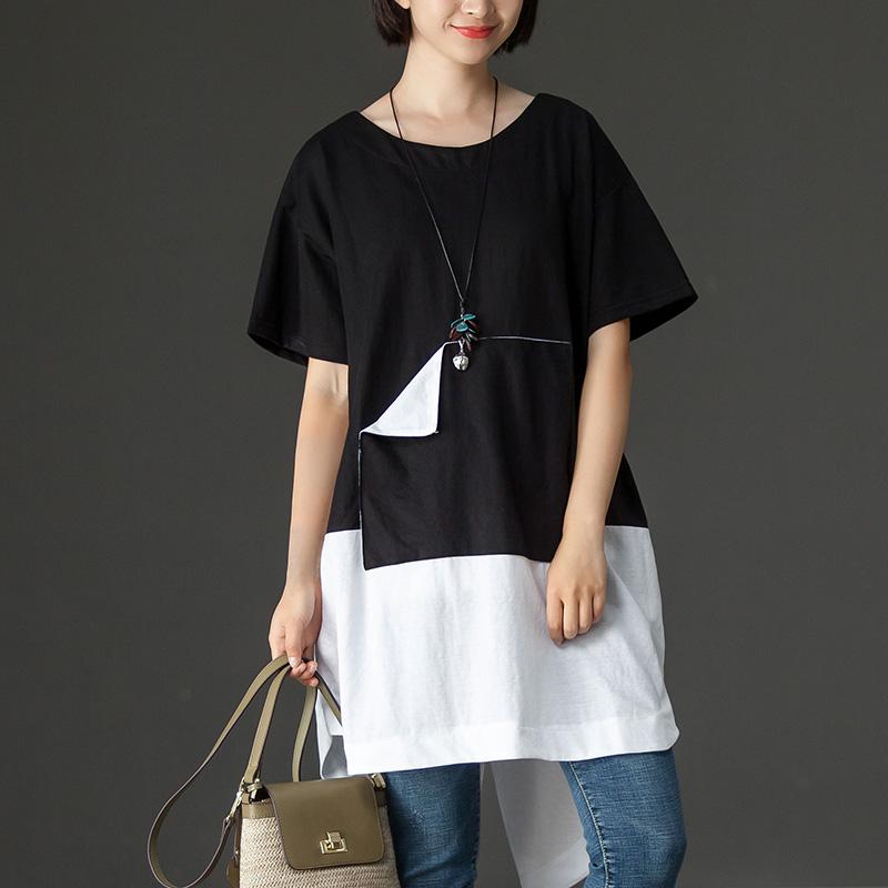 Fine Cotton Blended Tops Oversized Black Summer High-low Hem Short Sleeve Shirts