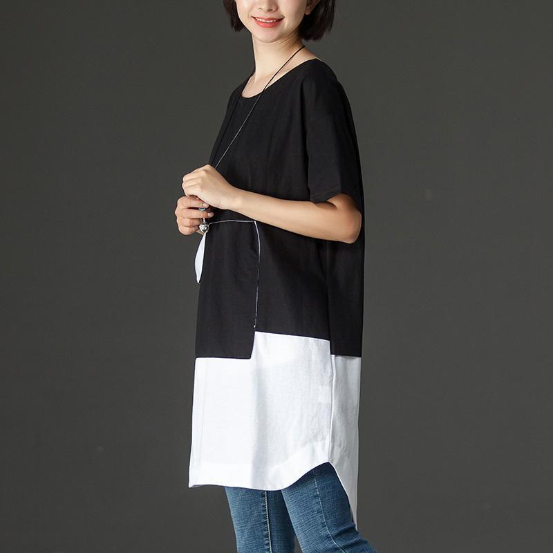 Fine Cotton Blended Tops Oversized Black Summer High-low Hem Short Sleeve Shirts