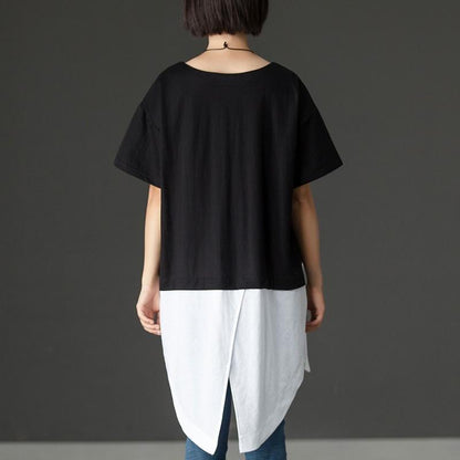 Fine Cotton Blended Tops Oversized Black Summer High-low Hem Short Sleeve Shirts