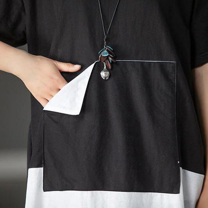 Fine Cotton Blended Tops Oversized Black Summer High-low Hem Short Sleeve Shirts