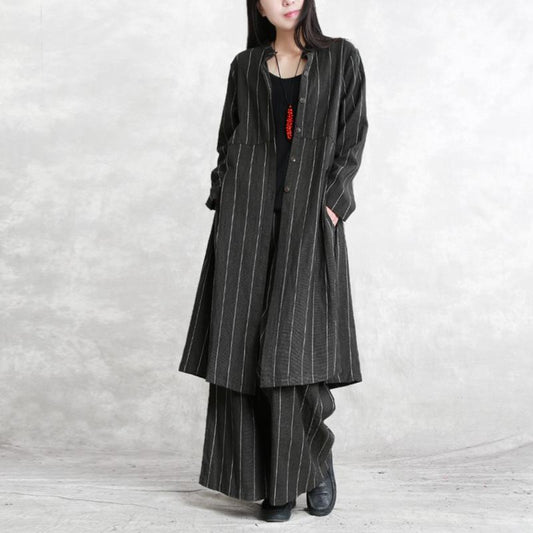 Fine Dark Gray Striped Linen Blouse Linen Two Pieces Fine Long Sleeve Pockets Patchwork Cotton Tops and Baggy Pants