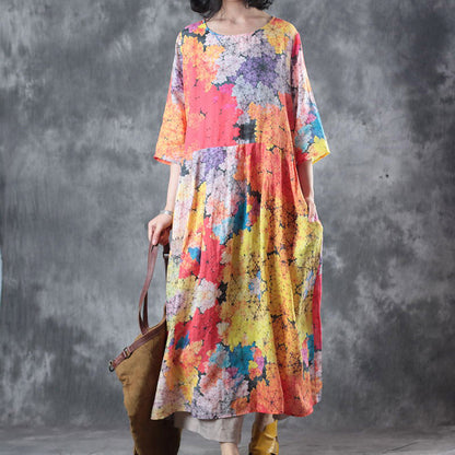 Fine Long Linen Dresses O Neck Pockets Caftans New Half Sleeve Baggy Dresses Kaftans