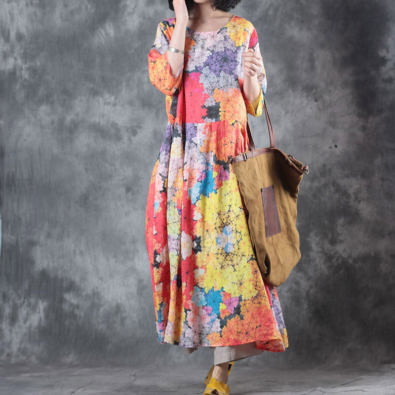 Fine Long Linen Dresses O Neck Pockets Caftans New Half Sleeve Baggy Dresses Kaftans