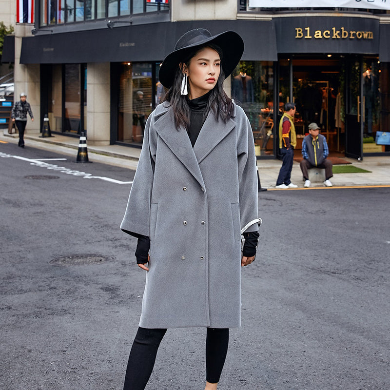 Fine Gray Wool Coat Notched Outwear Boutique Double Breasted Pockets Long Coats