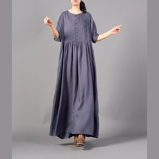 Fine Gray Embroidery Long Linen Dresses O Neck Gown Cinched Linen Caftans