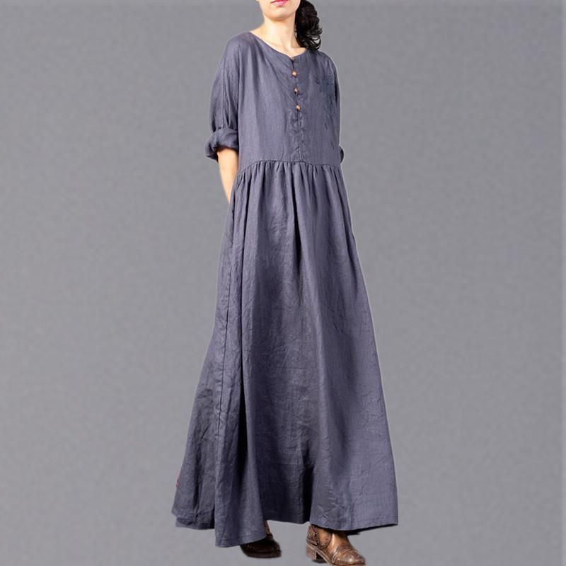 Fine Gray Embroidery Long Linen Dresses O Neck Gown Cinched Linen Caftans