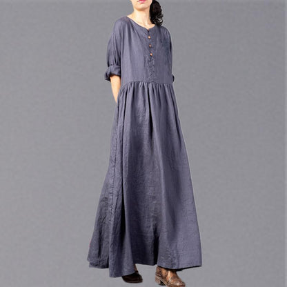 Fine Gray Embroidery Long Linen Dresses O Neck Gown Cinched Linen Caftans