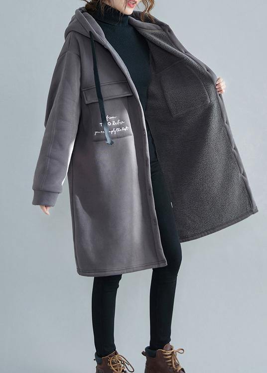 Fine Gray Embroidery Parka Oversize Winter Jacket Hooded Pockets Outwear