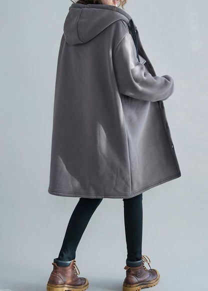 Fine Gray Embroidery Parka Oversize Winter Jacket Hooded Pockets Outwear