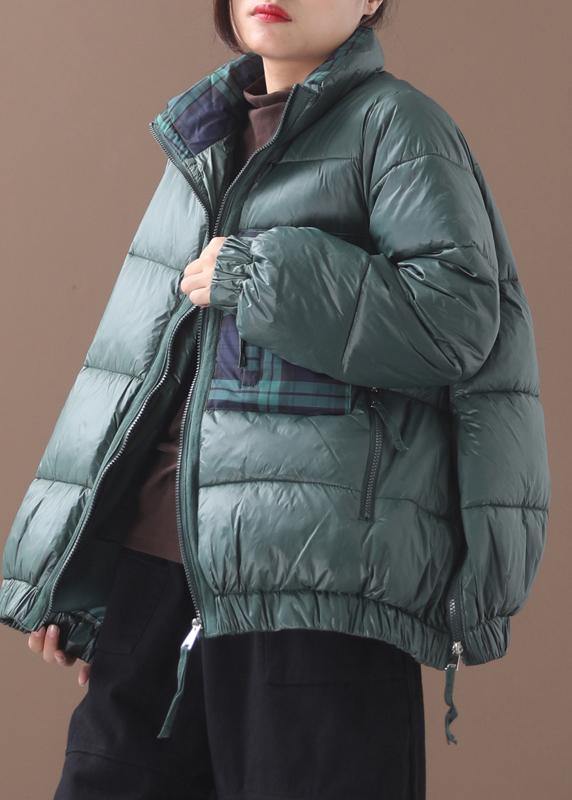 Fine Green Goose Down Coat Loose Fitting Winter Jacket Patchwork Plaid Side Zippered Jackets