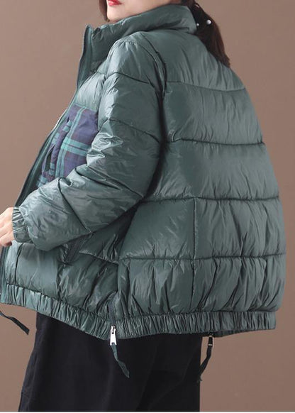 Fine Green Goose Down Coat Loose Fitting Winter Jacket Patchwork Plaid Side Zippered Jackets