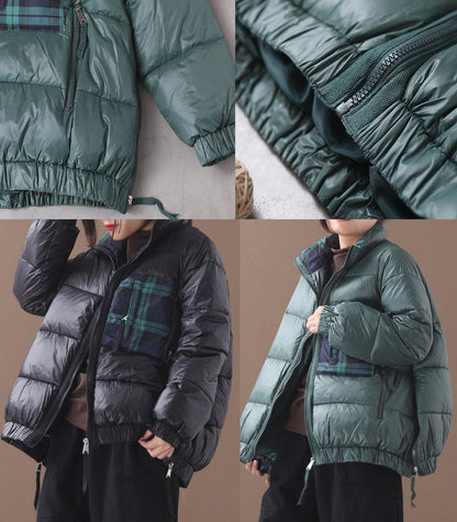 Fine Green Goose Down Coat Loose Fitting Winter Jacket Patchwork Plaid Side Zippered Jackets