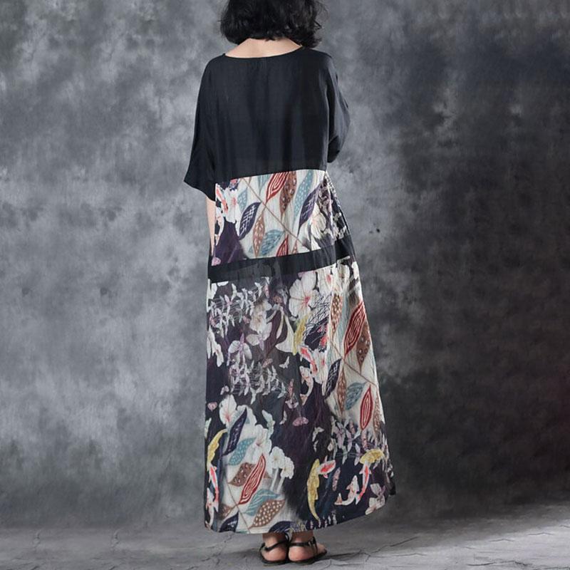Fine Linen Summer Dress Stylish Retro Round Neck Splicing Flax Printed Short Sleeve Dress
