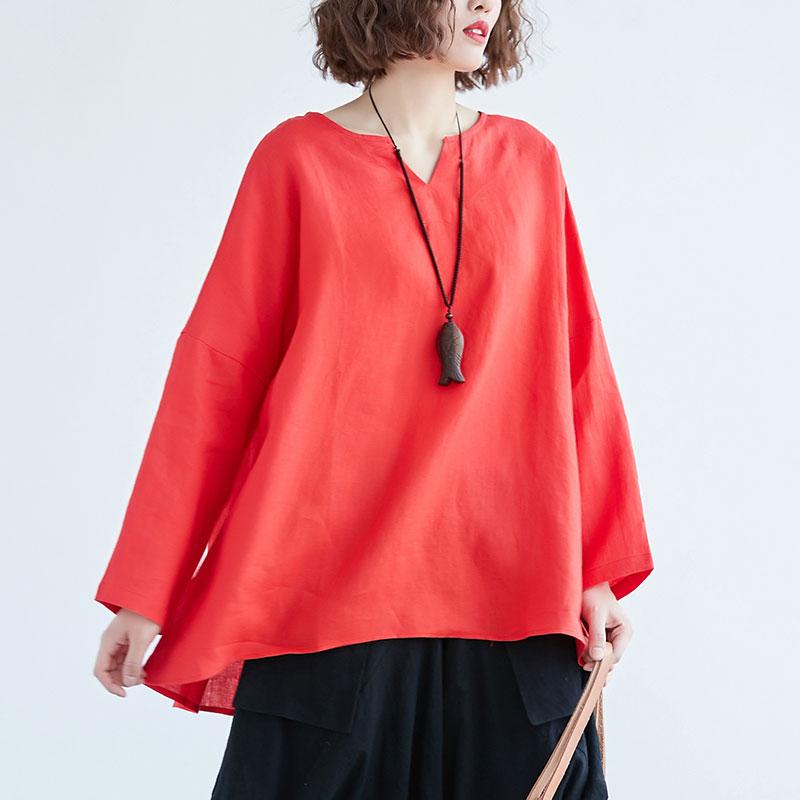 Fine Linen Tops Loose Fitting Loose Irregular Long Sleeve Red Flax Tops
