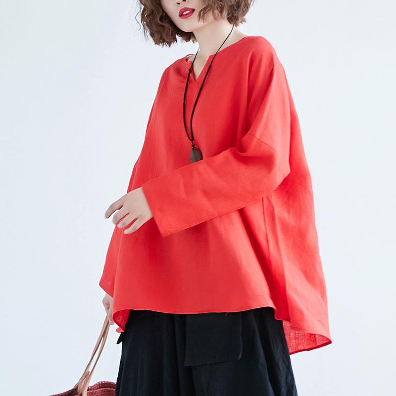 Fine Linen Tops Loose Fitting Loose Irregular Long Sleeve Red Flax Tops