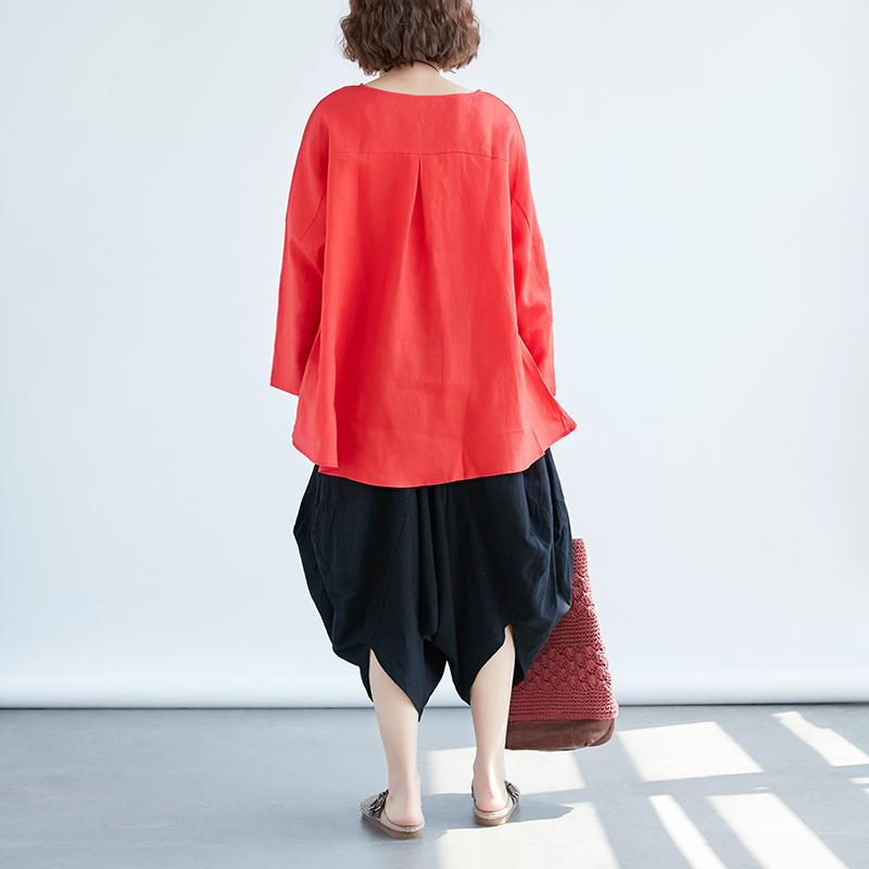 Fine Linen Tops Loose Fitting Loose Irregular Long Sleeve Red Flax Tops