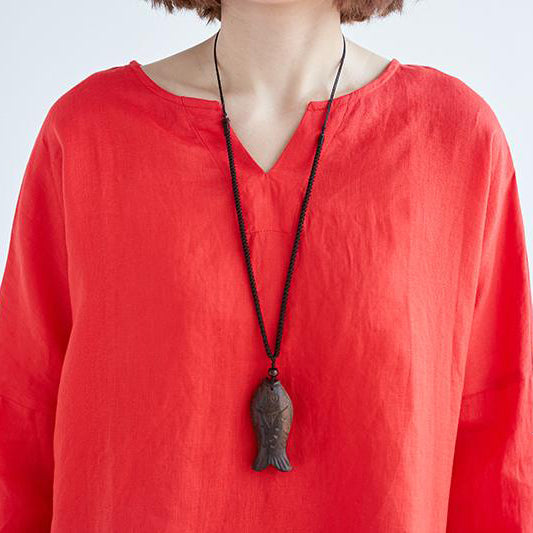 Fine Linen Tops Loose Fitting Loose Irregular Long Sleeve Red Flax Tops