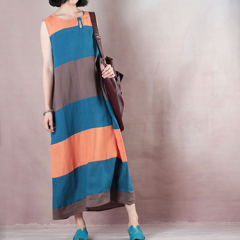 Fine Multicolor Striped Linen Maxi Dress Clothing O Neck Traveling Clothing Sleeveless Baggy Dresses Maxi Dresses