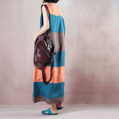 Fine Multicolor Striped Linen Maxi Dress Clothing O Neck Traveling Clothing Sleeveless Baggy Dresses Maxi Dresses