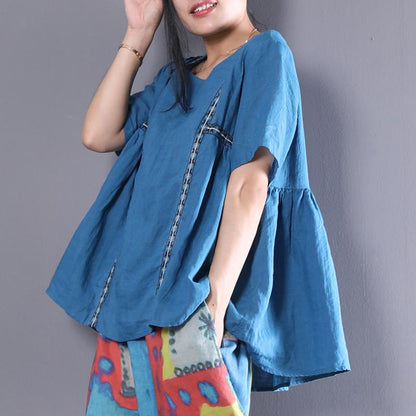 Fine Natural Linen T Shirt Linen Loose Short Sleeve Pullover Embroidery Pleated Blouse