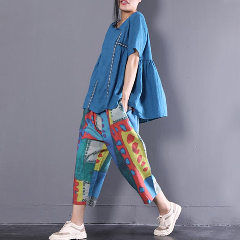 Fine Natural Linen T Shirt Linen Loose Short Sleeve Pullover Embroidery Pleated Blouse
