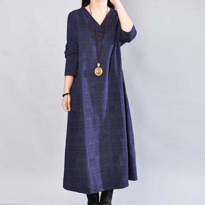 Fine Navy Linen Dress Oversize Traveling Dress Back Side Open V Neck Cotton Dress