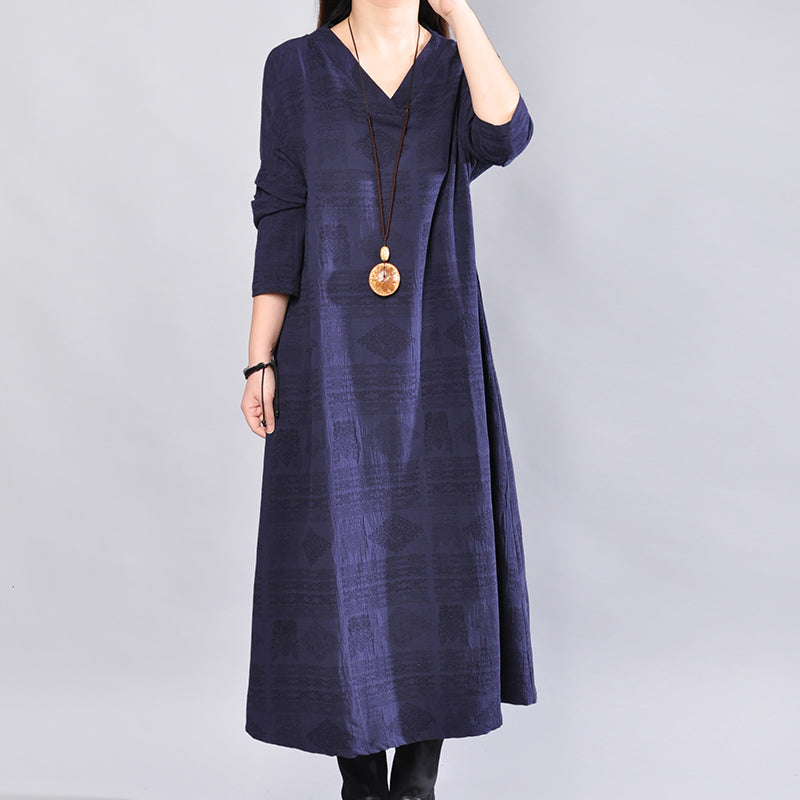 Fine Navy Linen Dress Oversize Traveling Dress Back Side Open V Neck Cotton Dress
