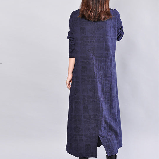 Fine Navy Linen Dress Oversize Traveling Dress Back Side Open V Neck Cotton Dress