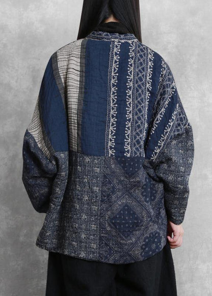Fine Oversized Winter Coats Blue Print V Neck Patchwork Coats