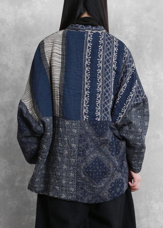 Fine Oversized Winter Coats Blue Print V Neck Patchwork Coats