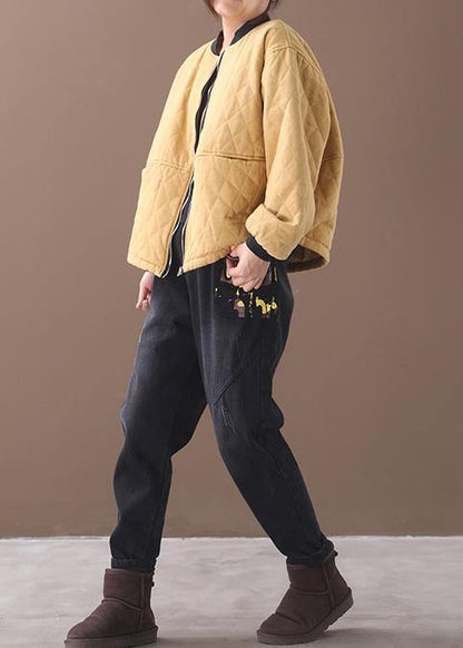 Fine Oversized Winter Jacket Outwear Yellow Stand Collar Outfit