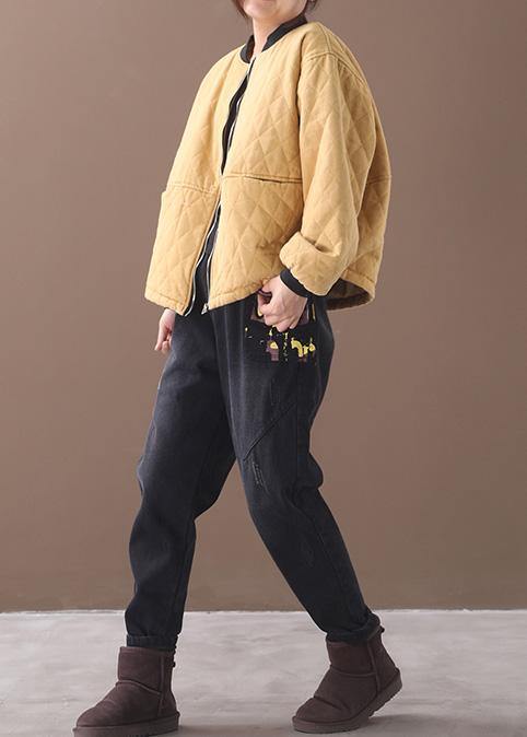 Fine Oversized Winter Jacket Outwear Yellow Stand Collar Outfit